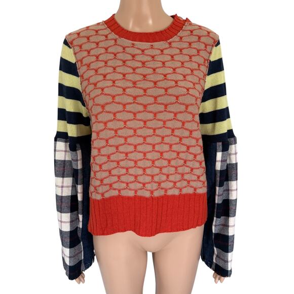 Upcycled Patchwork Sweater L Striped Plaid Knit Merino Wool Boho Grunge Eclectic - Picture 1 of 8